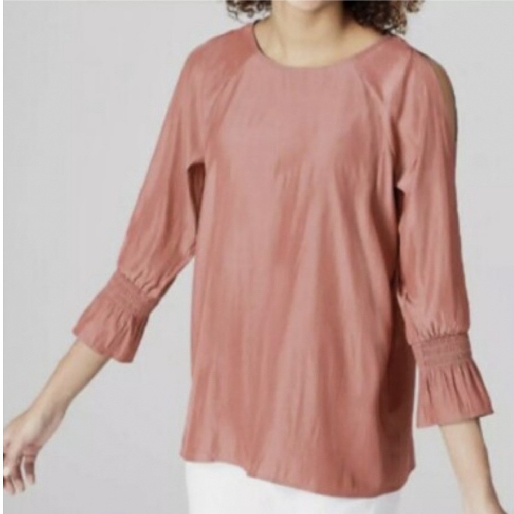 J. Jill Cold Shoulder Blush Pink Blouse Smocked Cuff‎ Bell Sleeve Blouse Size S